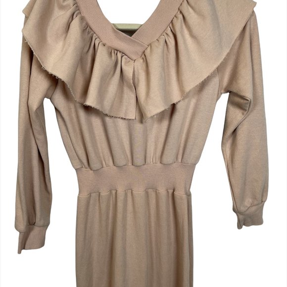 LOVE & J LOVE Fleece Frilled Collar Midi Beige Dress Sz Sm - Made In Korea - Picture 3 of 7